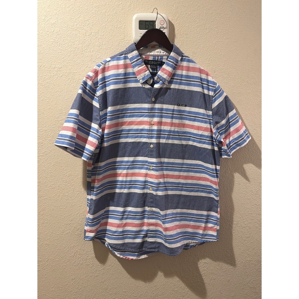 US Polo Assn Mens XXL Blue Red Striped Short Sleeve Button Down Shirt‎ 115007S0